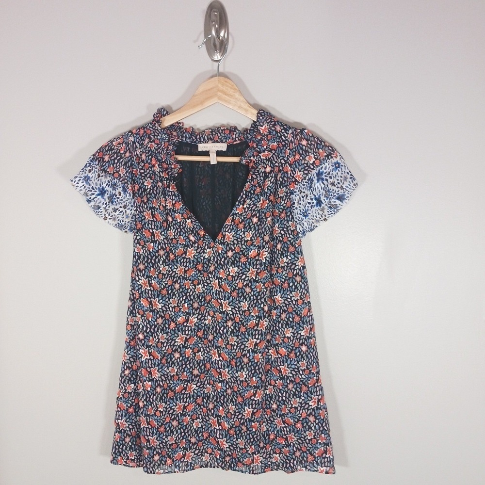 Rebecca Taylor Silk Blend Floral Blouse Size S Romantic Flutter Sleeve Feminine